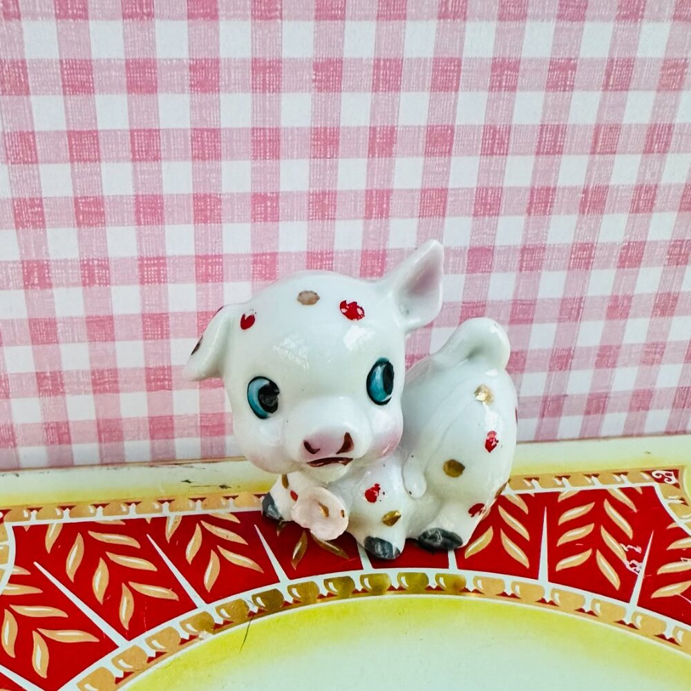 Vintage Japan Pig Figurine Big Eyes Red Gold Polka Dot Kitsch 1950s